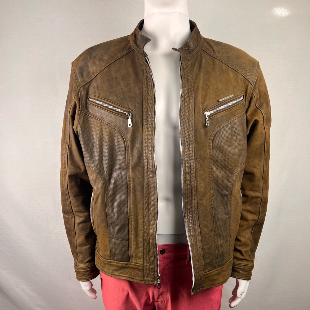 Men's Tan Leather Bomber Jacket - Picture 2 of 10